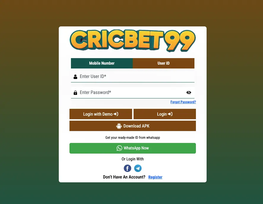 CricBet99 login step 2 — username aur password enter karein