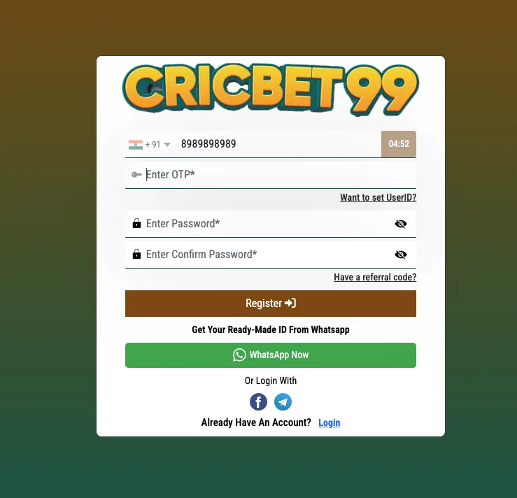 CricBet99 registration step 2 — OTP verify karein aur password set karein