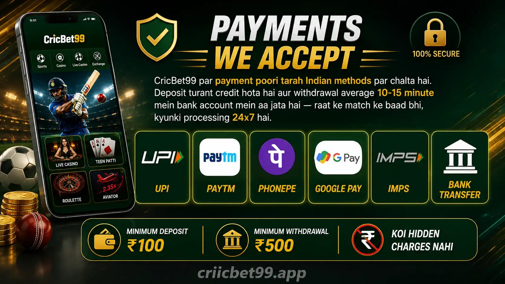CricBet99 payment methods — UPI, Paytm, PhonePe, Google Pay instant deposit and withdrawal