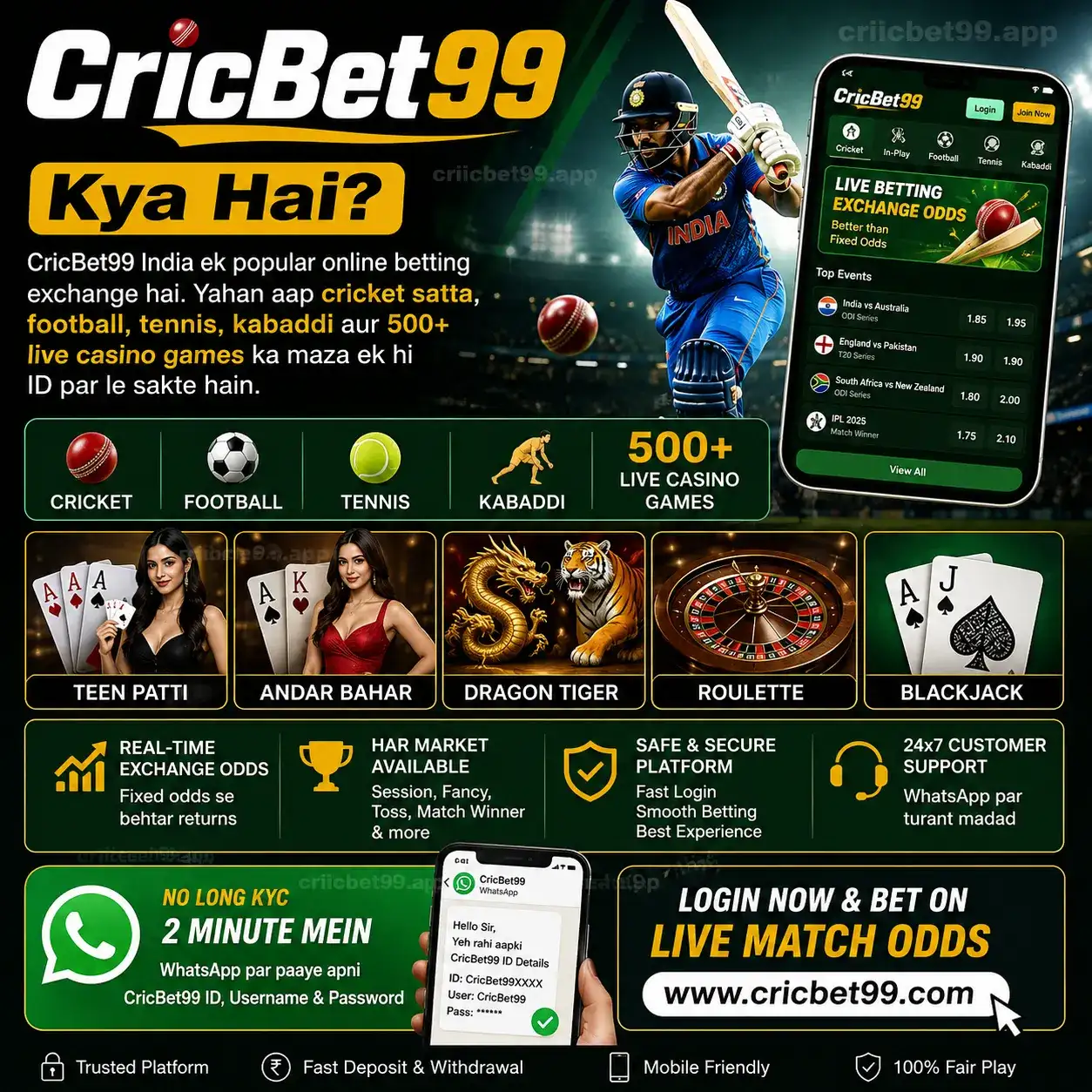 CricBet99 online cricket betting exchange dashboard with live IPL odds